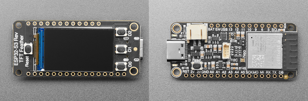 Both sides of the board: display side on the left, component side with the ESP32-S3 module on the right