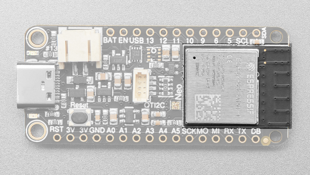 Close-up of the ESP32-S3 module with its metal shield and printed antenna