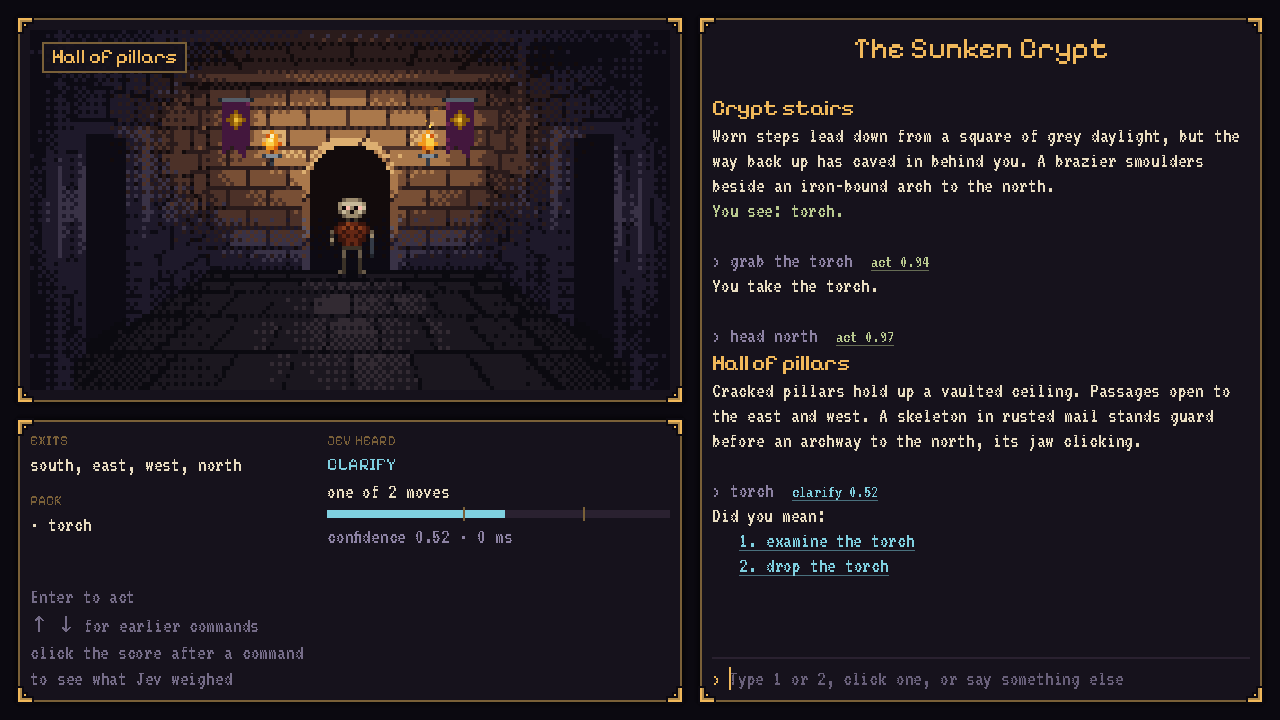 The Sunken Crypt: a pixel-art hall with a skeleton, the transcript, and a panel showing what Jev heard